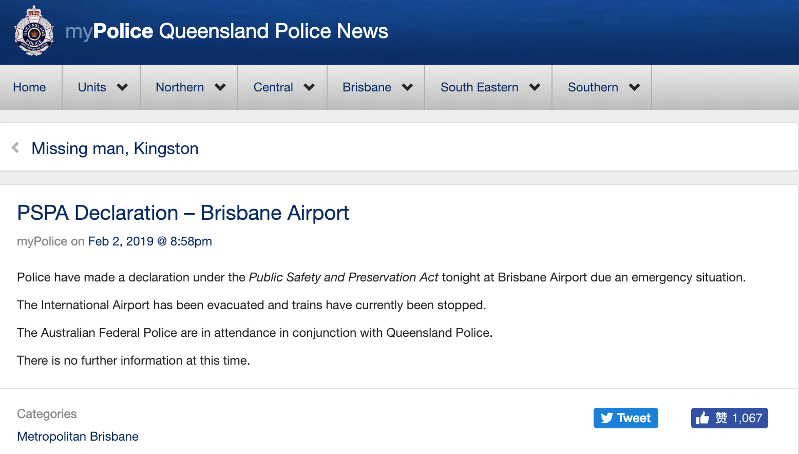 突发!男子威胁使用爆炸物,布里斯班机场宣布进入紧急状态